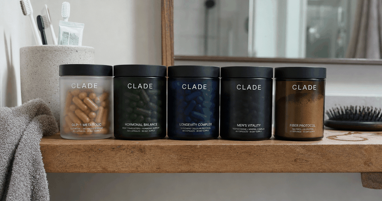 The five CLADE formulas on a real bathroom shelf