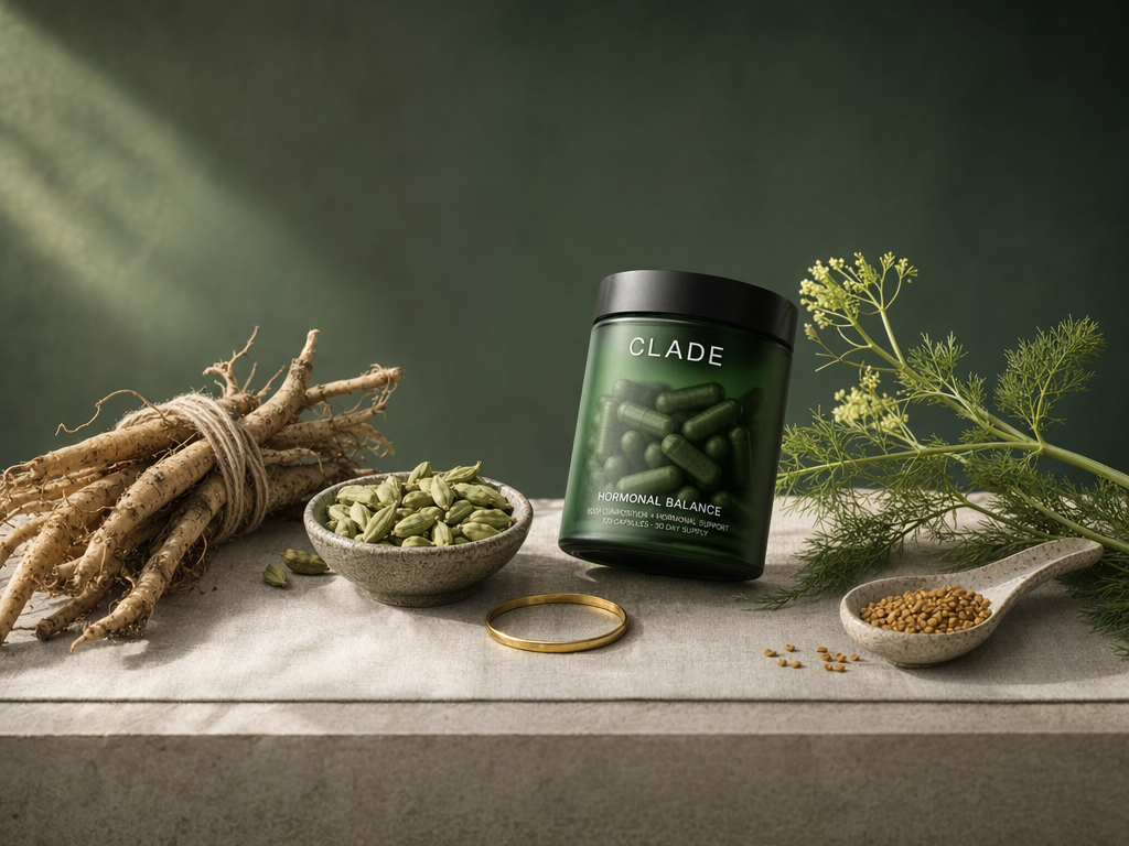 Ceremonial apothecary still life: shatavari roots, cardamom pods, CLADE Hormonal Balance jar, fennel fronds and fenugreek seeds on a linen runner